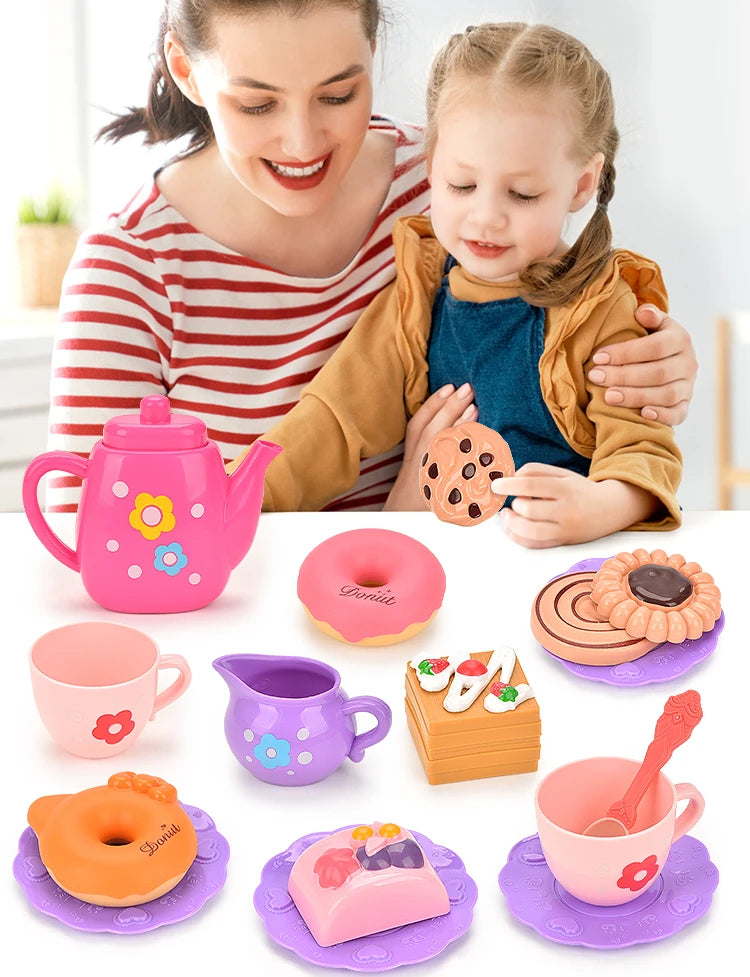A set of 27 pretend play tea party items including cups, teapot, and food items for children.