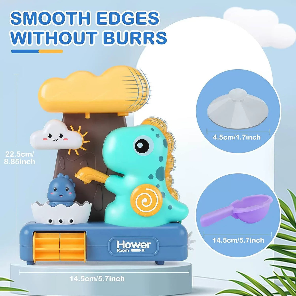 A teal dinosaur bath toy sprinkler with an orange waterwheel is displayed on a blue stand.