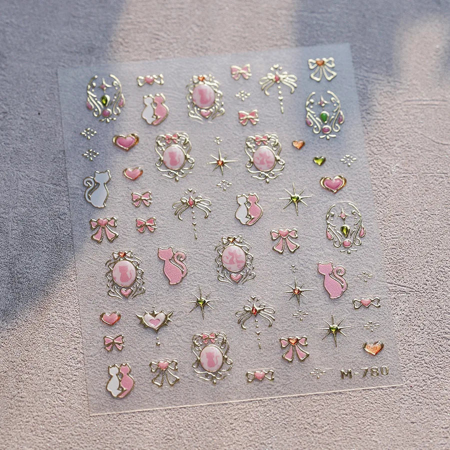 A sheet of 5D bronzing gothic nail art stickers featuring various ornate and sparkling designs.