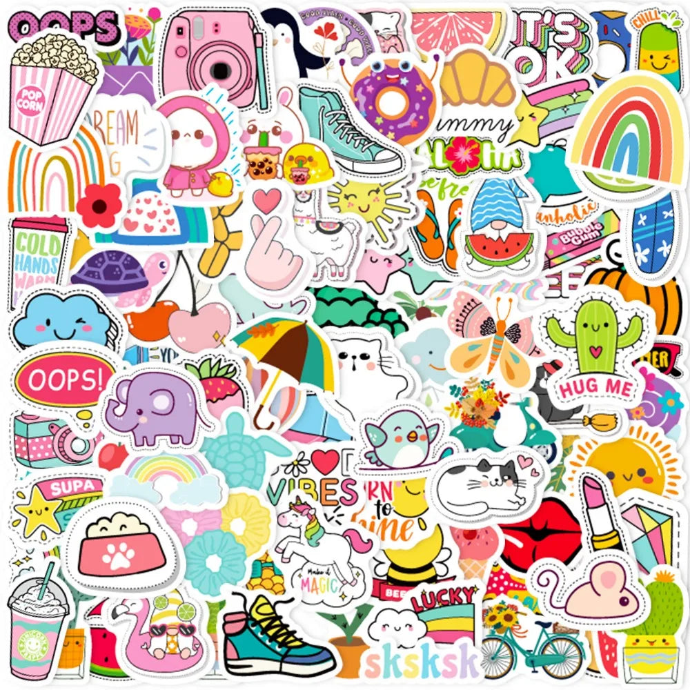 Kawaii Aesthetic Sticker Pack - 100 Unique Designs for Laptops, Water Bottles & More