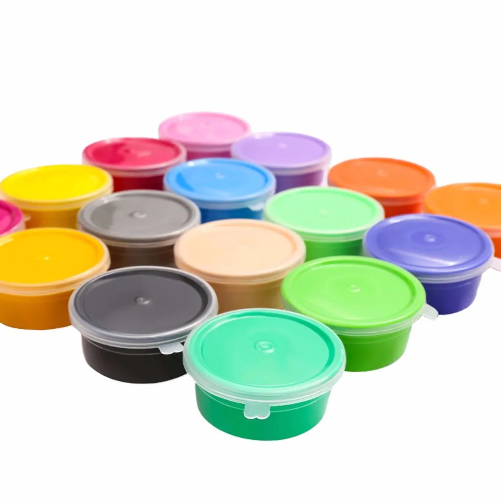 A collection of 24 colorful modeling clay containers in various shades including pink, purple, blue, green, and orange.