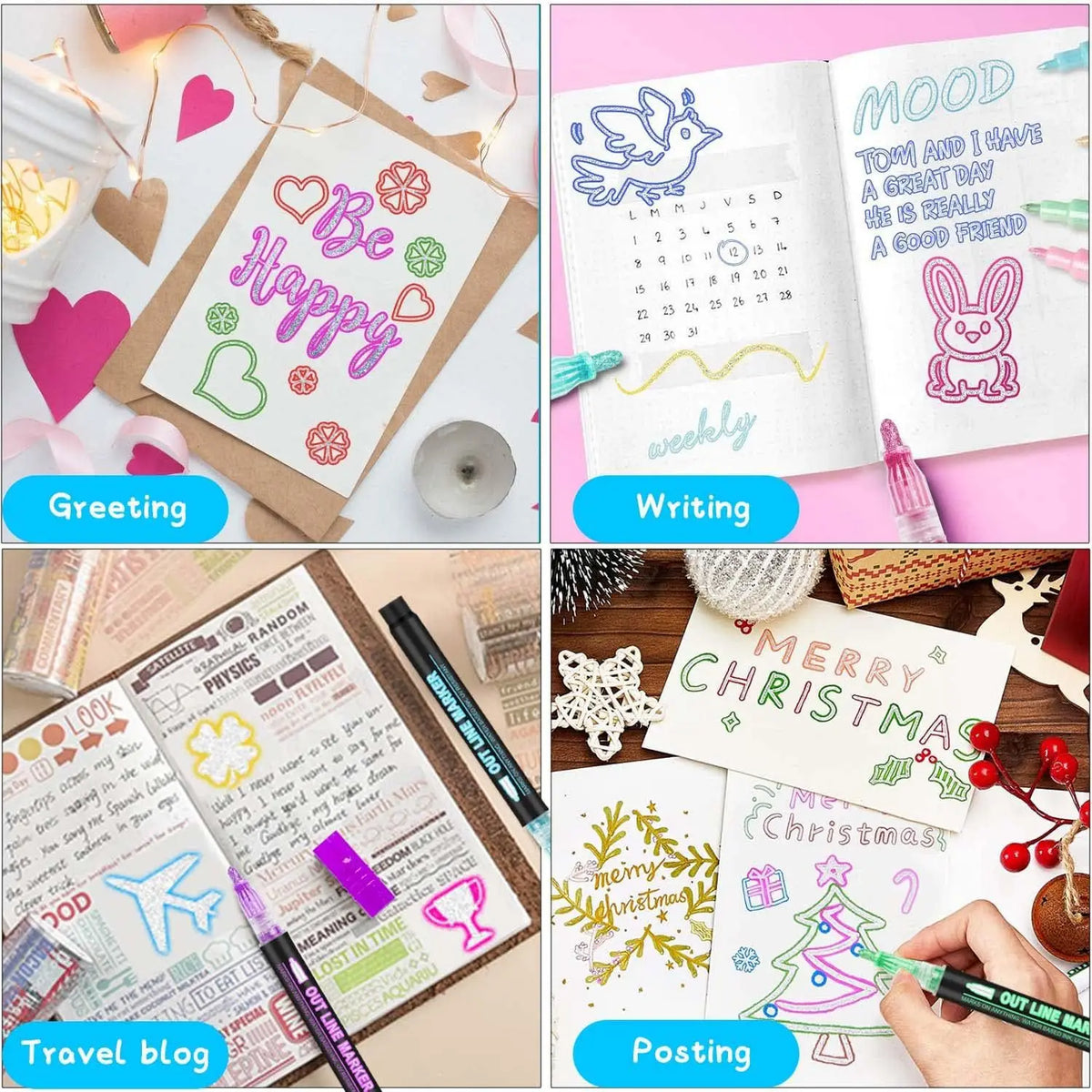 Double Line Glitter Marker Pens – Metallic Outline & Shimmer Set