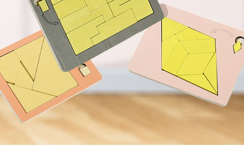 Three wooden geometric brain teaser puzzles of varying sizes and colors are shown in an overhead view.