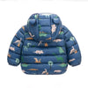 Blue cartoon-themed kids' puffer jacket with a hood and zipper.