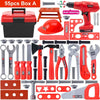 A set of red and black pretend play tools including a drill, hammer, pliers, and various plastic accessories.