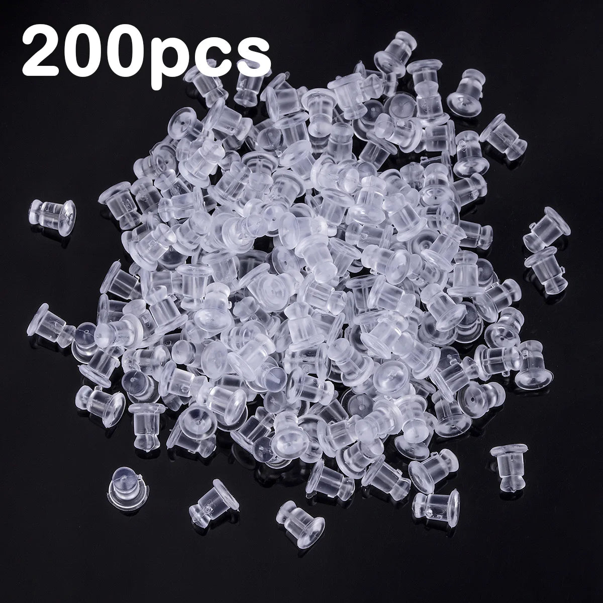 A pile of 200 clear silicone earring backs for secure stud closure.