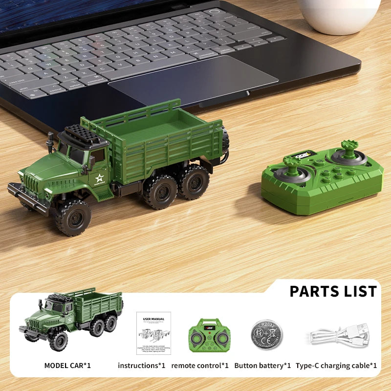 Mini RC Forklift Truck model kit in green and black with parts list and instructions