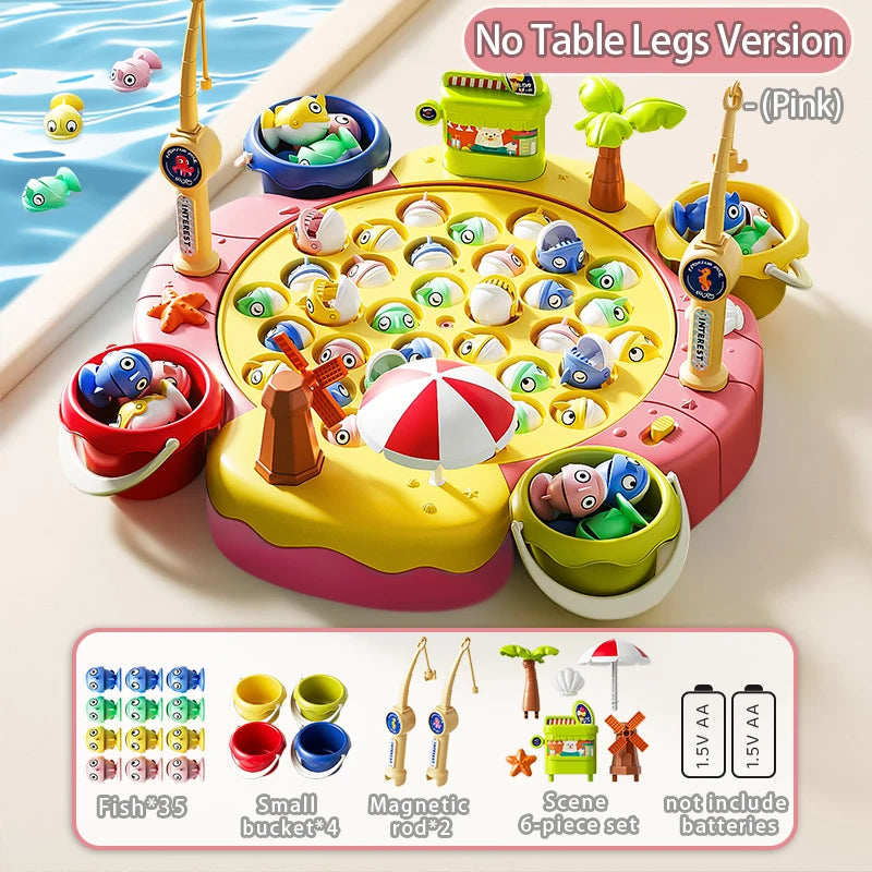 A pink magnetic fishing game set featuring a yellow base, various fish figures, and accessories for kids.
