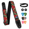 Black guitar strap with red floral pattern, including picks and strap locks.