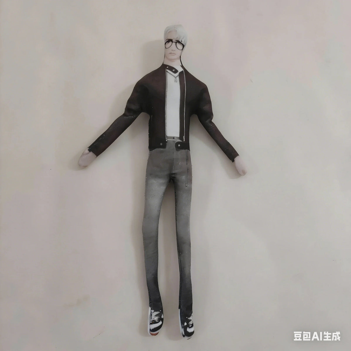 A full-body shot of a poseable plush doll dressed in a black shirt and gray pants, standing against a white wall.