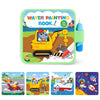 A colorful water painting book featuring illustrations of construction vehicles and sea scenes for children.