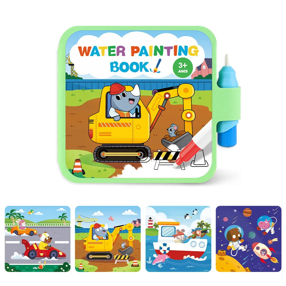 A colorful water painting book featuring illustrations of construction vehicles and sea scenes for children.