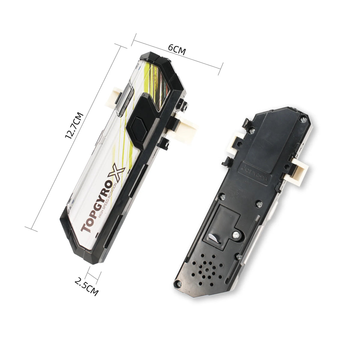 A black gyro launcher accessory with dimensions marked, showing its length and width.