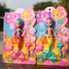 A set of two mermaid princess dolls with pink and blue scales and flowing hair, displayed in colorful packaging.