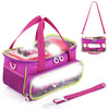 A pink and purple Toniebox travel case with an adjustable strap and a clear light panel.