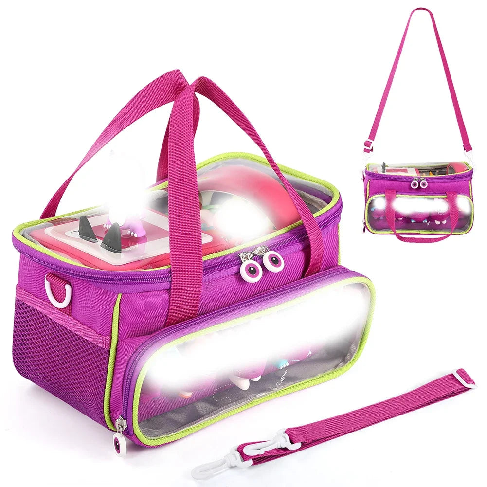 A pink and purple Toniebox travel case with an adjustable strap and a clear light panel.