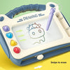 A light blue magnetic doodle drawing board for kids with a purple stylus and a drawing of a horse on the surface.