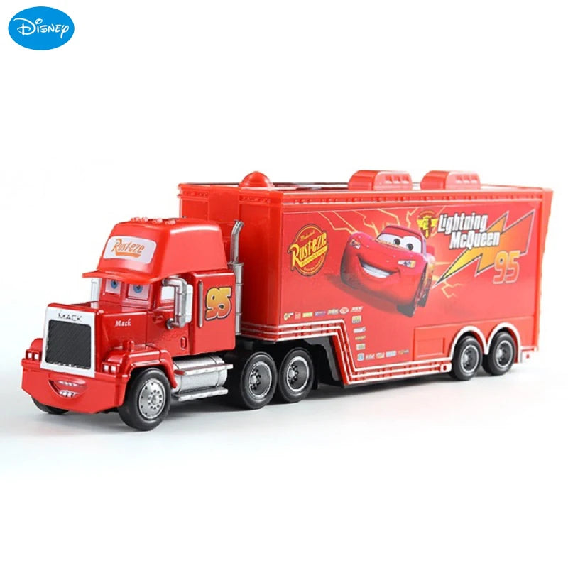 Red Lightning McQueen die-cast toy hauler truck with a large red trailer