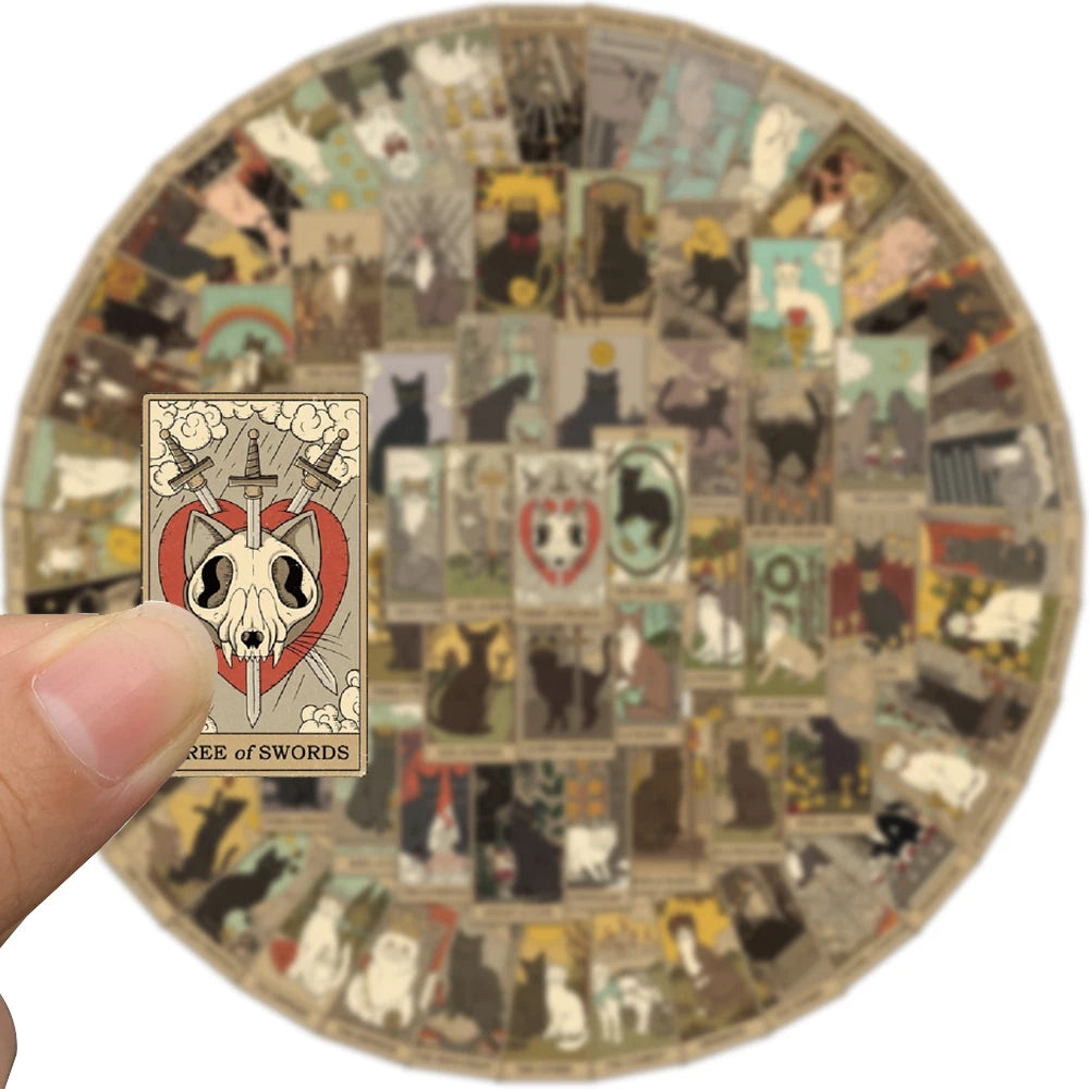 A circular sticker pack featuring 72 whimsical mystery tarot cards with cats and other animals.