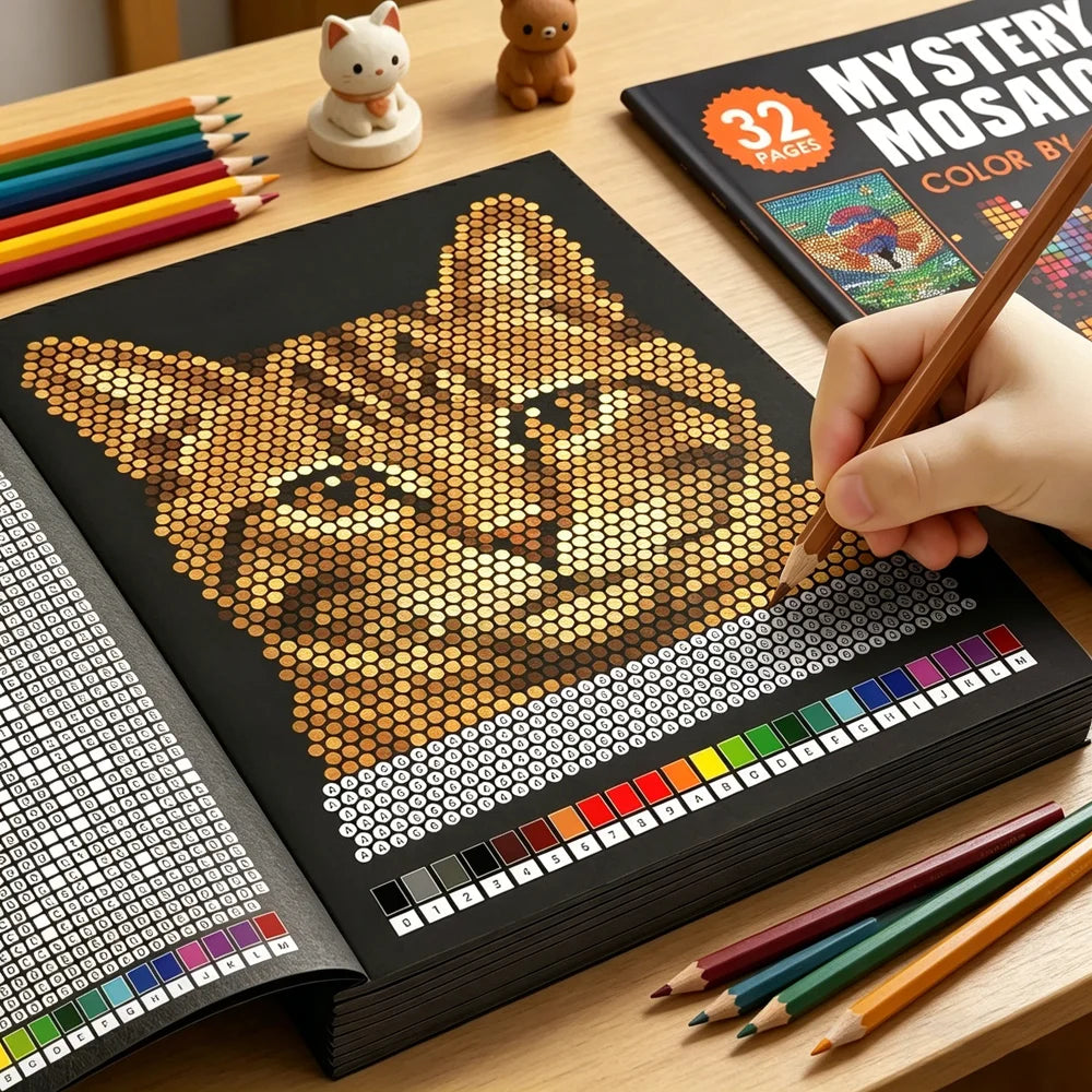 A close-up of a Mystery Mosaics Color by Number book showing a detailed tiger design being colored with paintbrushes.