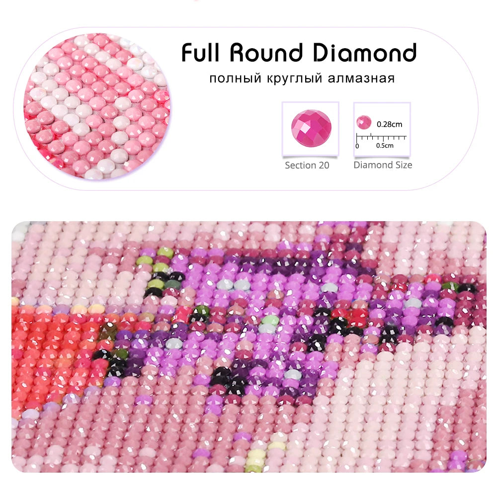 Close-up of a diamond painting featuring various shades of pink, purple, and red stones.