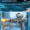 A silver electric water gun is shown firing a stream of water with light and flame effects into blue water.
