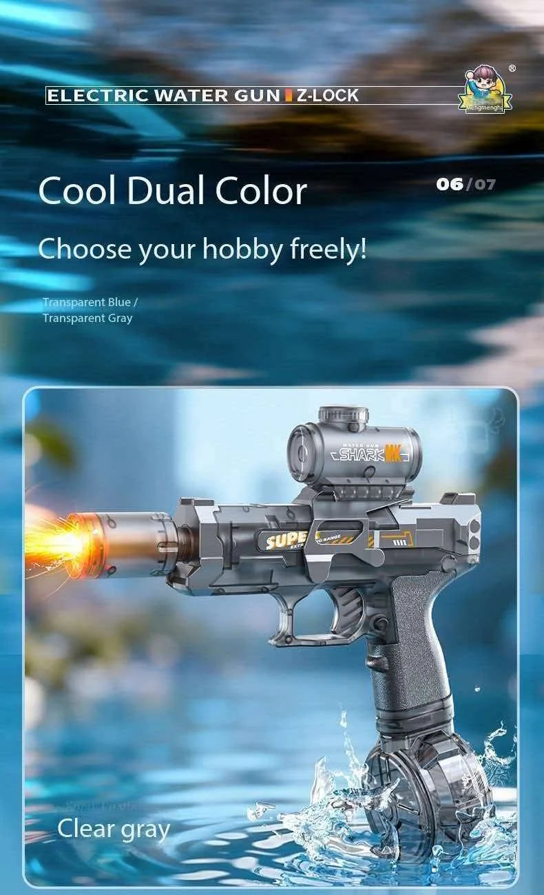 A silver electric water gun is shown firing a stream of water with light and flame effects into blue water.