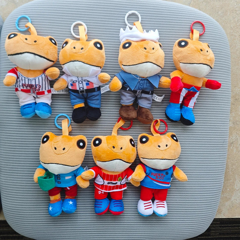 A collection of Bad Bunny El Sapo Concho plush toys in various colors and outfits.