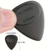 A close-up view of a black guitar pick with an anti-slip grip, showing its size and shape.