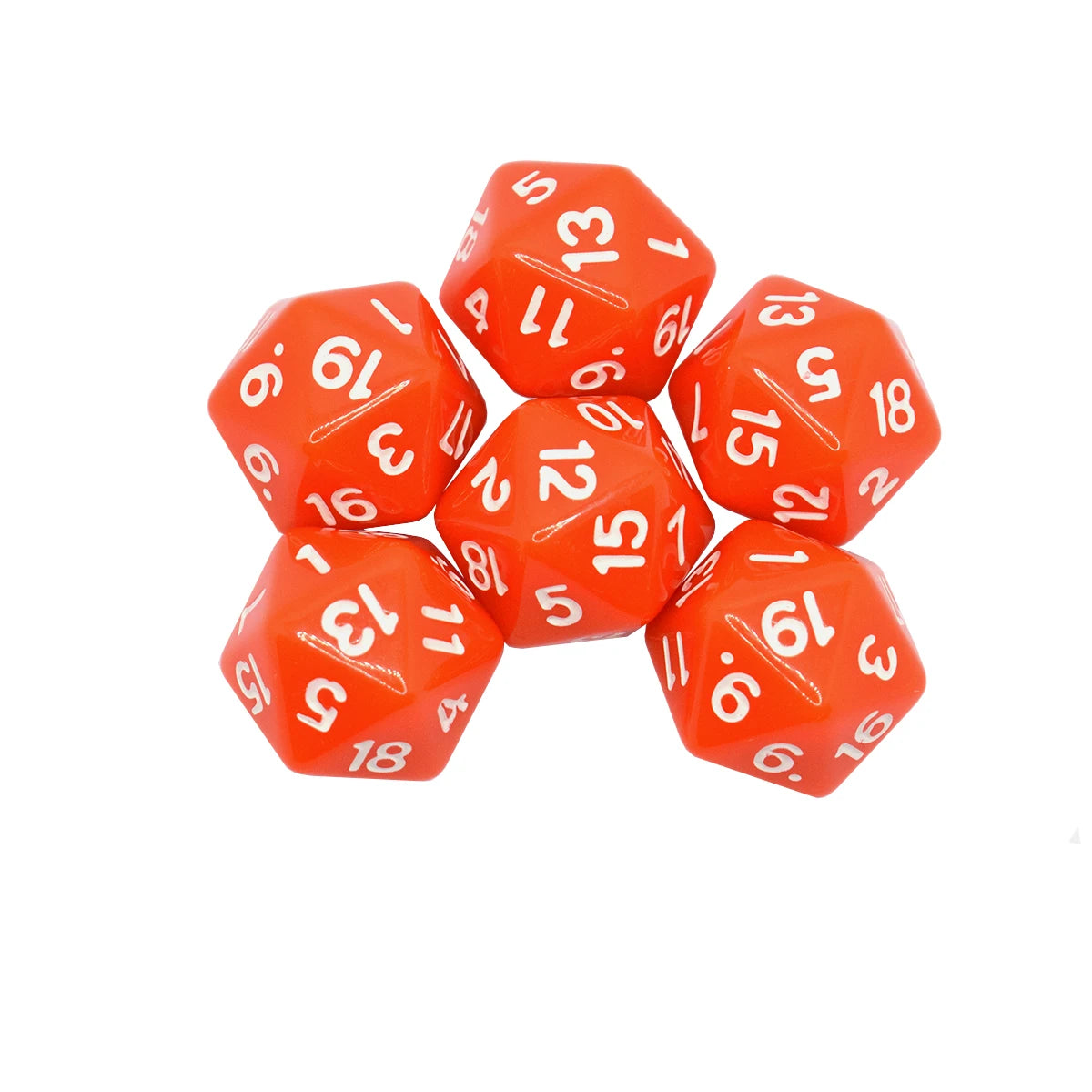 A set of orange polyhedral dice, including a d20, displayed against a white background.