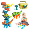 A set of DIY take apart dinosaur toys featuring an electric drill for disassembly.