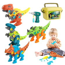 A set of DIY take apart dinosaur toys featuring an electric drill for disassembly.