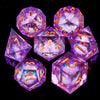 A collection of translucent purple polyhedral dice used for tabletop gaming.