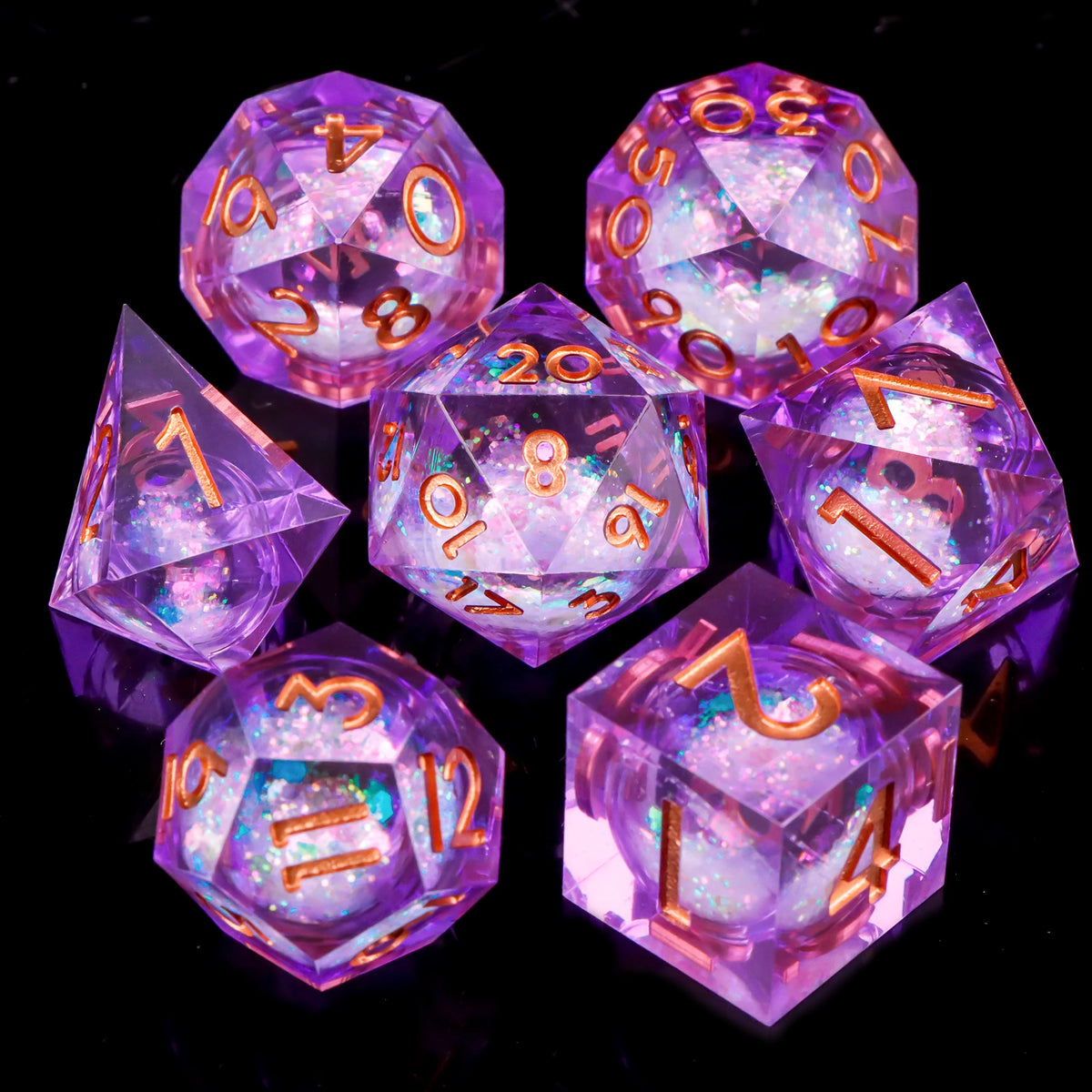 A collection of translucent purple polyhedral dice used for tabletop gaming.