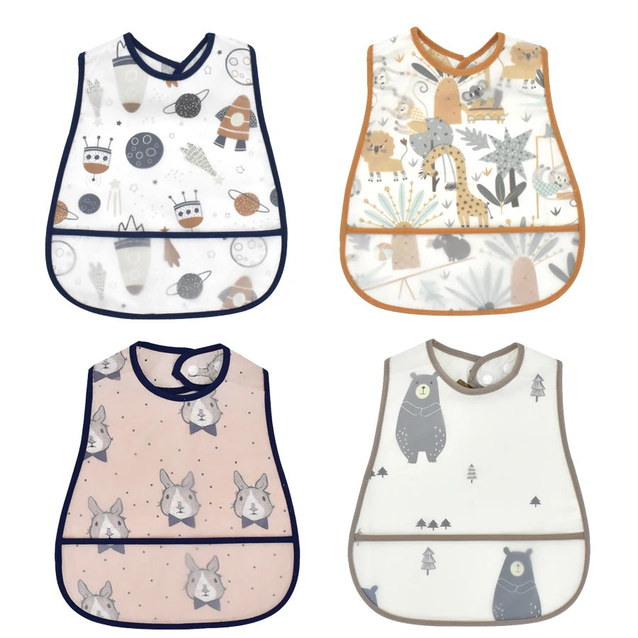 A set of four cute cartoon waterproof baby bibs in various pastel colors and designs.