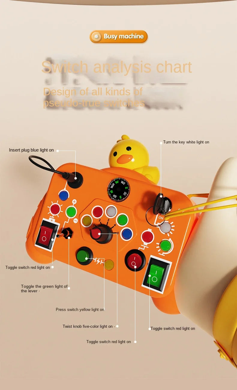 An orange Montessori busy board with various light switches and levers used for toddler activity.