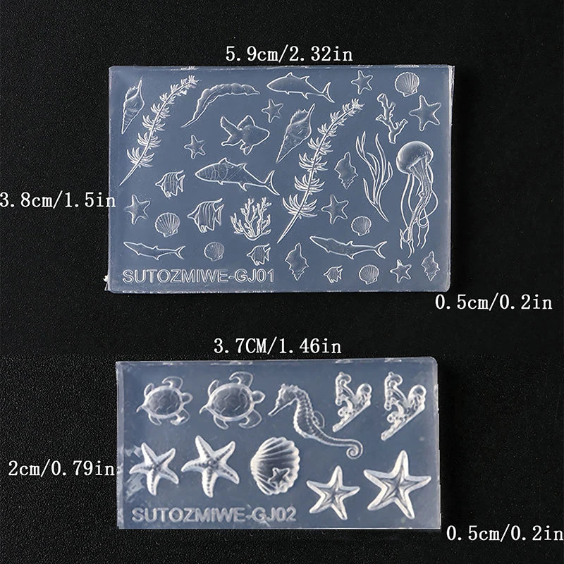 A collection of clear silicone nail art molds featuring various sea creatures and marine life.