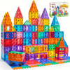 A colorful 110-piece magnetic building tiles set featuring a house structure and a vehicle for kids.