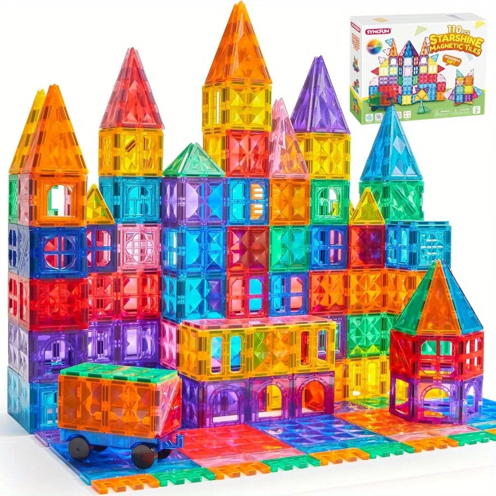 A colorful 110-piece magnetic building tiles set featuring a house structure and a vehicle for kids.