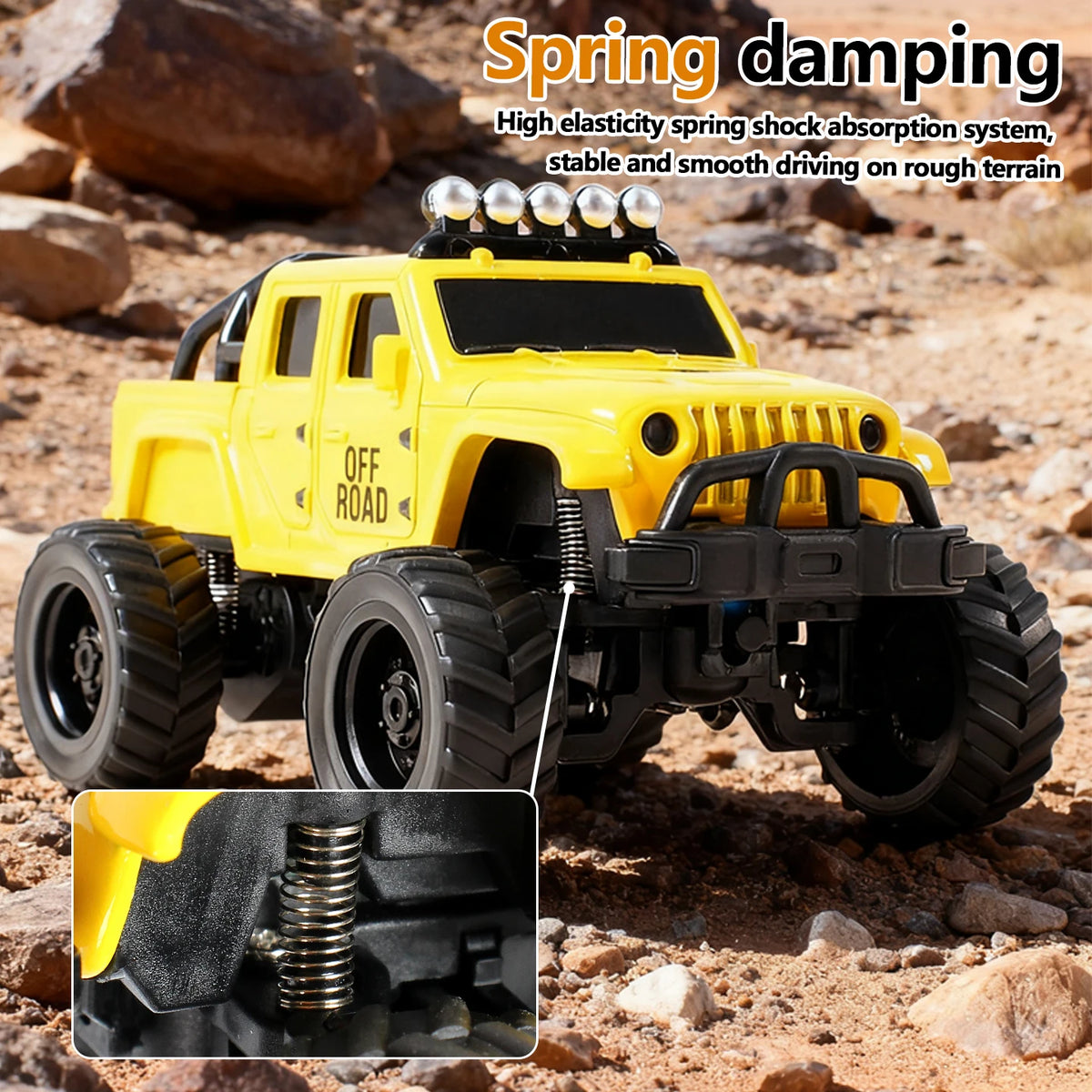 Yellow off-road RC car demonstrating spring damping system on rough terrain