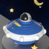 A blue and white soft rubber pull-back toy car is shown against a dark background with a crescent moon and stars.