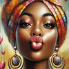 A vibrant portrait of an African woman wearing a colorful head wrap and large gold earrings.