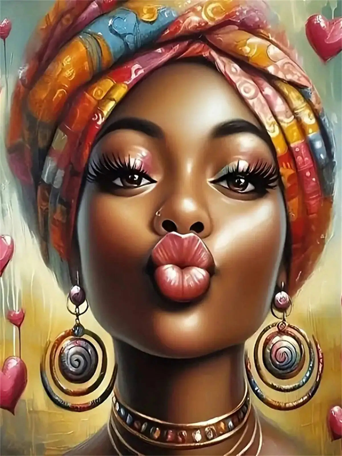 A vibrant portrait of an African woman wearing a colorful head wrap and large gold earrings.