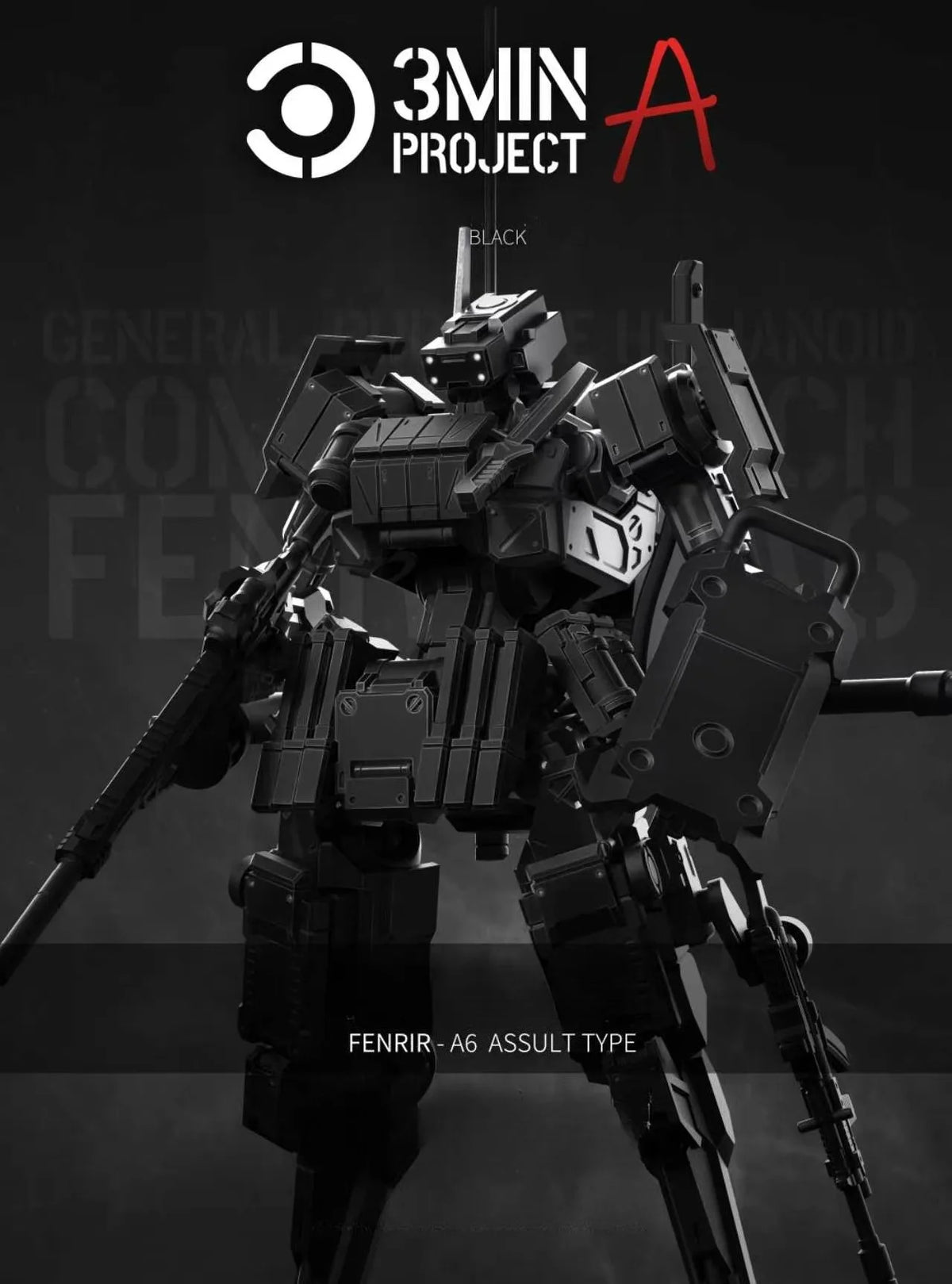 A black model kit of the Fenrir A6 Assault Type mecha, shown in a dynamic pose against a dark background.