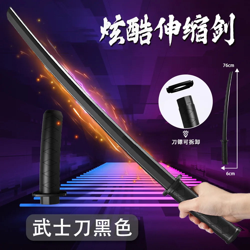 A black katana sword with a sheath and a black grip is shown, demonstrating its design and features.