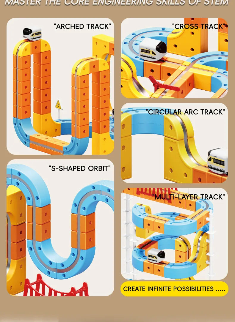 A set of magnetic 3D cube train tracks demonstrating various engineering concepts like arched, cross, circular arc, S-shaped 