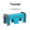 A light blue wooden tunnel accessory with arched openings and dark gray trim.