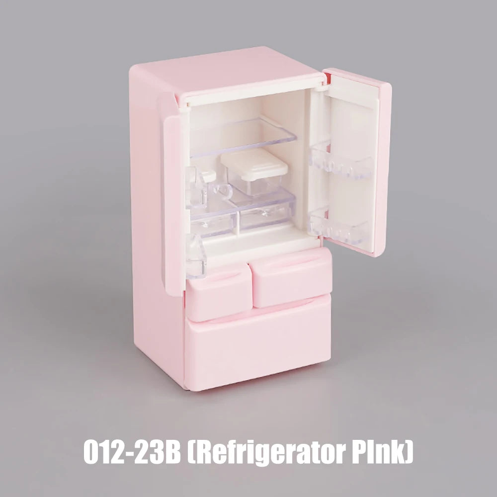Pink dollhouse furniture playset featuring a mini refrigerator with an open door.