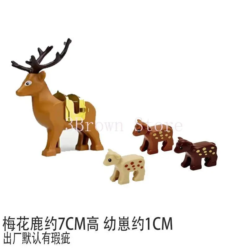 A set of six African wildlife animal building blocks, including a deer with antlers and other animals.