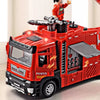 A red fire truck toy with a driver figure, featuring lights and working components.